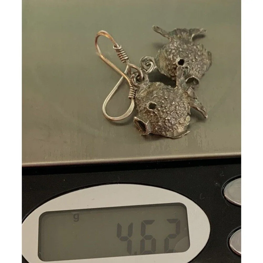 Vintage Sterling Silver Puffy Blow Fish Earrings Dangle Drop